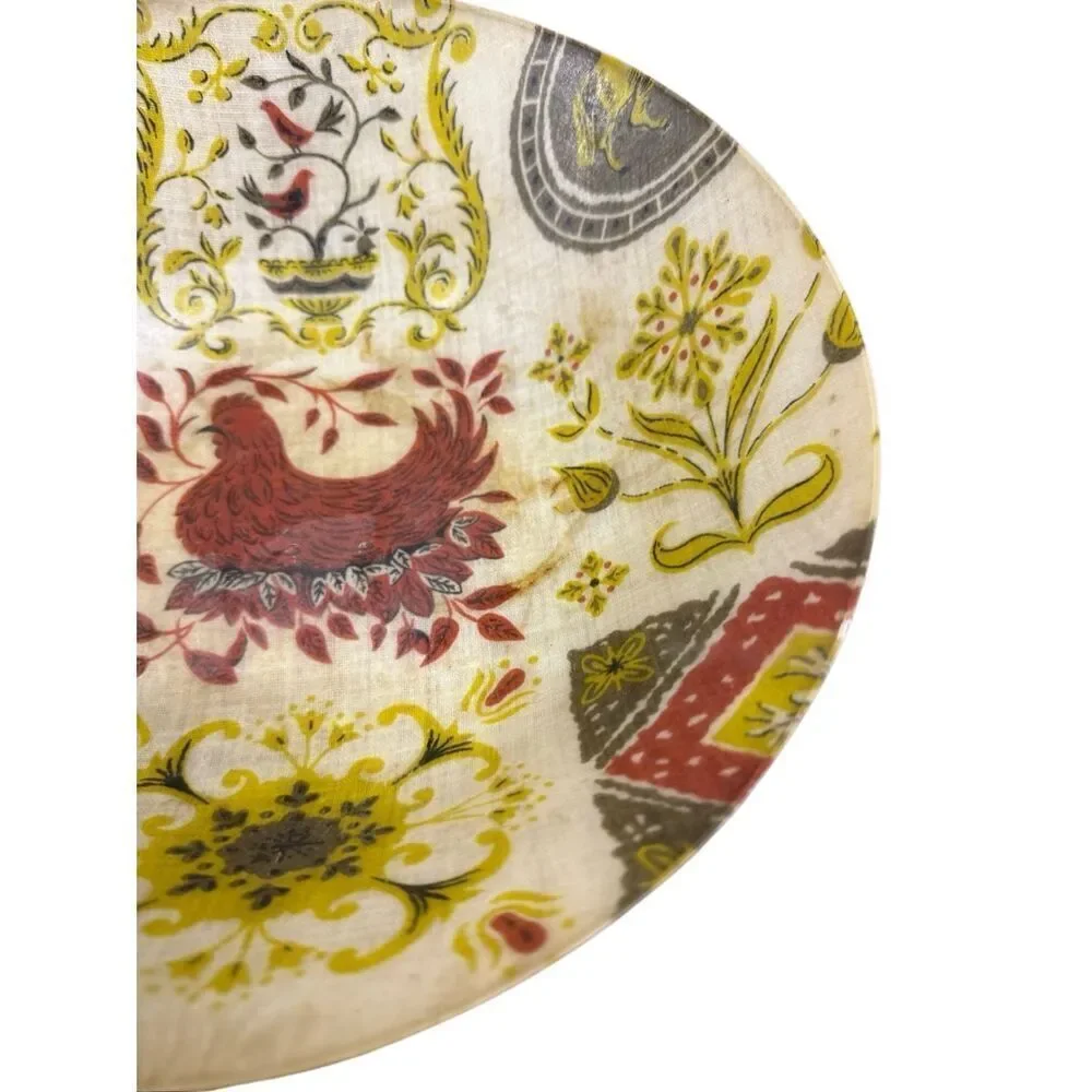 MCM Mid Century Fiberglass Bowl  Size 11” x 3” high rooster flowers